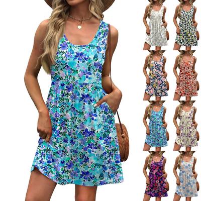 Women's Summer Fashion Round Neck Sleeveless Casual Floral Print Sundress