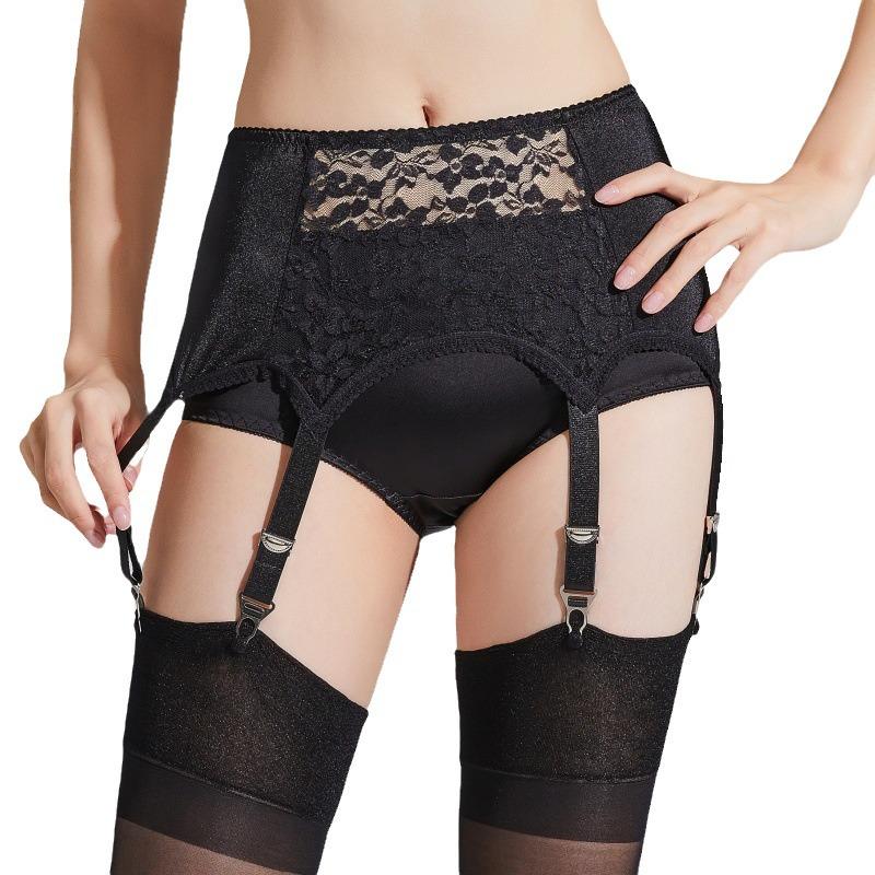 Satin Lace High-Waist 6-Garter Belt with Adjustable Metal Buckle for Women