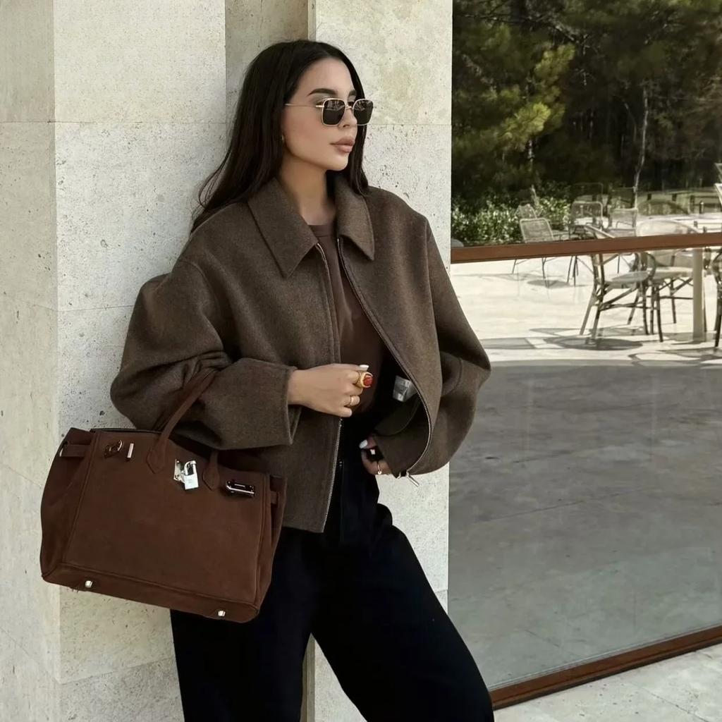 Wool Blended Jacket for Women Fashion Autumn Winter New Long Sleeved Lapel Zip Pocket Warm Woolen Jackets Short Coats