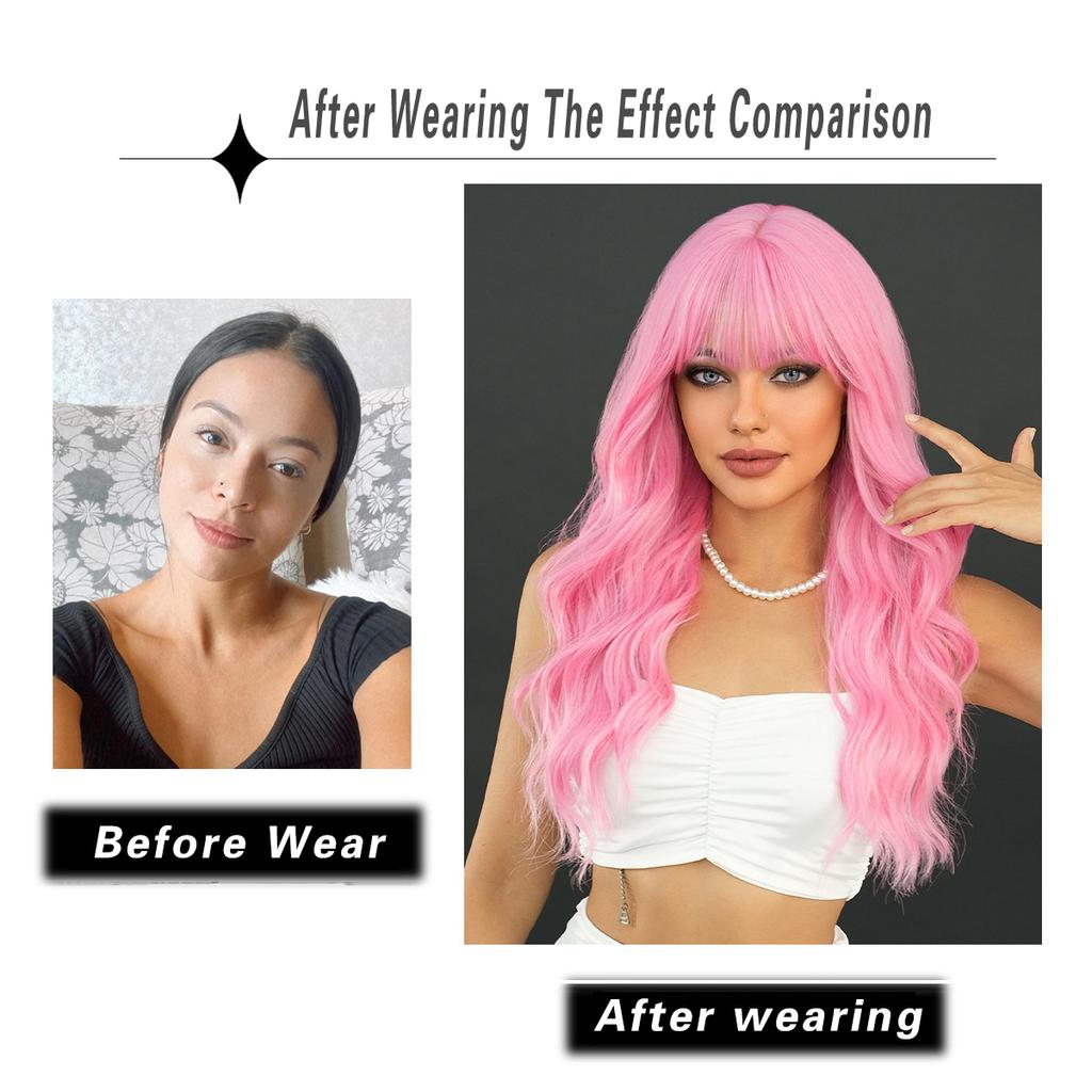 Nová dámská paruka simulace paruky 64cm vlasy růžová paruka dlouhá kudrnatá paruka Pokrývka hlavy Růže síťka na vlasy čelenka Krása dekorace paruka