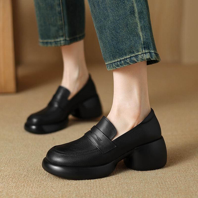 Fashion NEW Spring/Autumn Women Loafers Round Toe Chunky Heel Shoes Genuine Leather Shoes for Women Slip-on Platform Shoes Women Pumps
