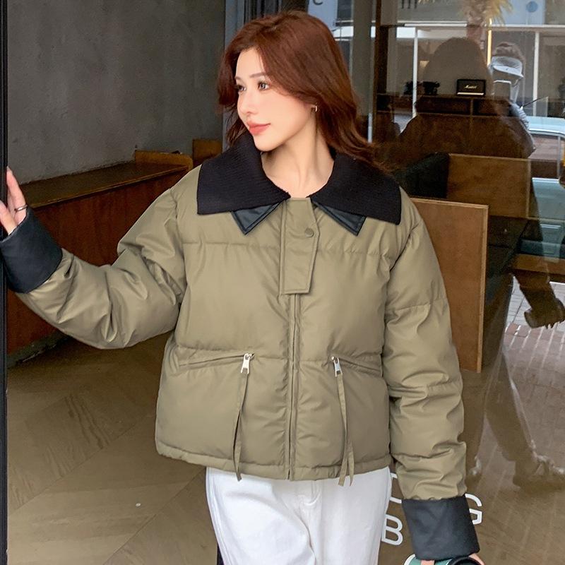 Knitted lapel short down cotton-padded jacket 's winter thickened PU leather splicing cotton-padded jacket