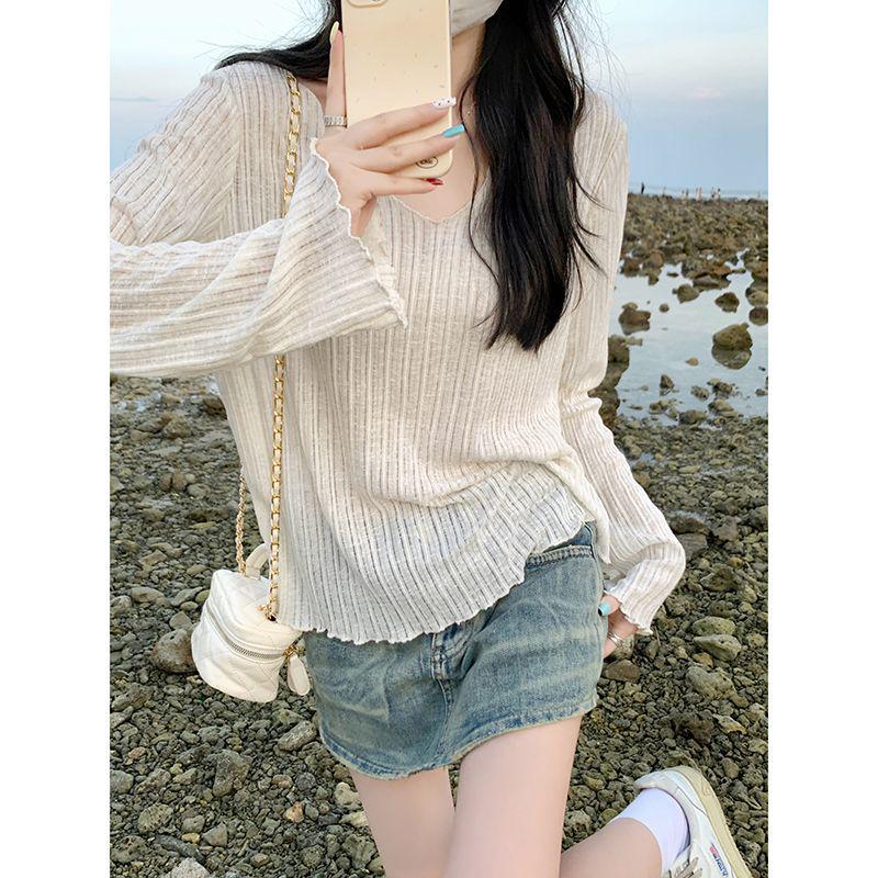 Summer Micro-Sheer Ruffle V-Neck Cardigan: Women's Long-Sleeve Loose Fit Lightweight Outerwear.