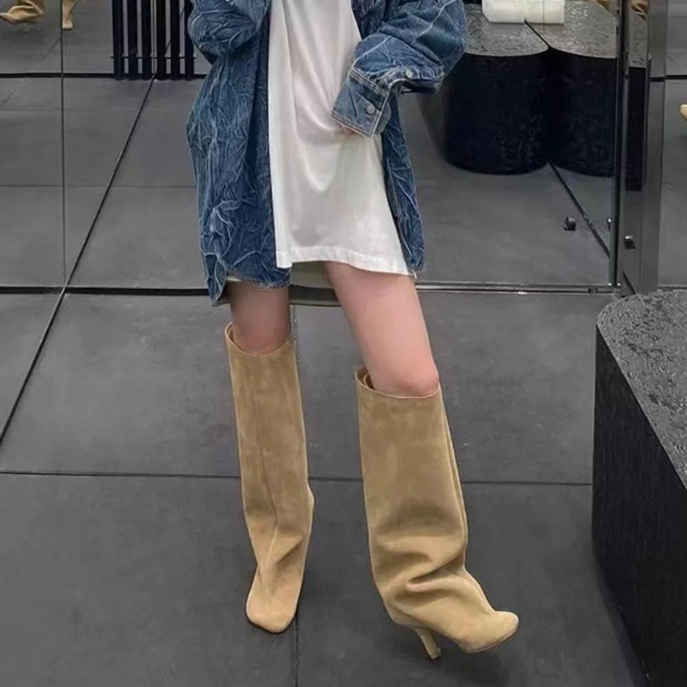 Damenstiefel Runde Spitze Knielang Punk Dünne Hohe Absätze Street Style Wintermode Lange Stiefeletten Damen