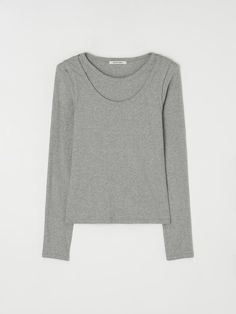B Muse Mansion U-Neck Ribbed Layered T Shirt Set - Melange Gray