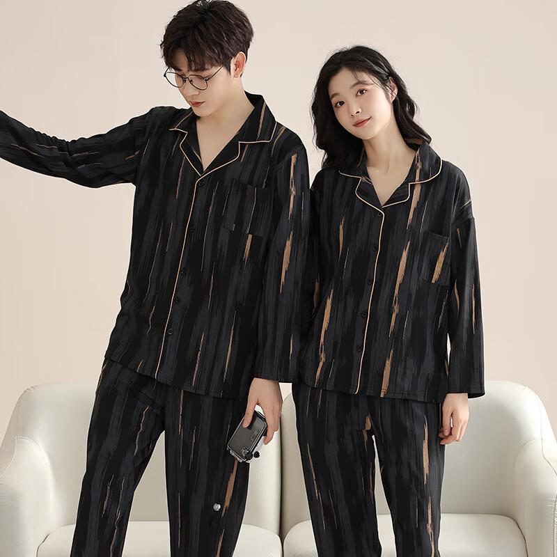 Unisex Modal Long-Sleeve Black Gold Stripe Pajama Set XL Female