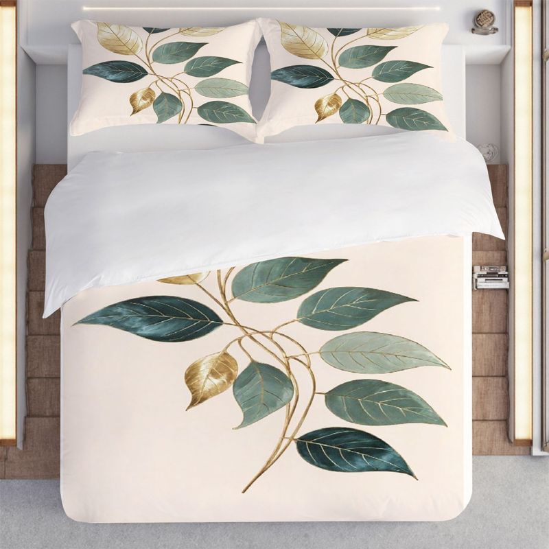 Pillowcase,Quilt Cover Three-Piece Set,Bedding,Light Peach Base Color,Exquisite Leaf Style,Golden Brown Branch Pattern,