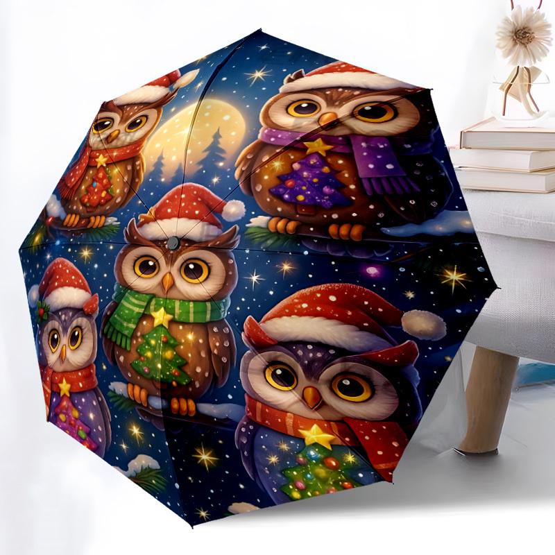 1pc Christmas Owls Automatic Open/close Umbrella, 8-Rib Sturdy Structure, Auto Folding/Opening, Portable Travel Umbrella for Women,171