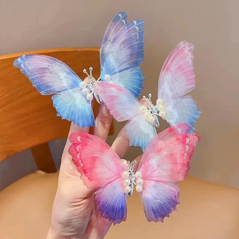 2Pcs Butterfly Girls Hairpin Moving New Gradient Hair Clip Three-Dimensional Barrettes Pearl Pet Hair Accessories