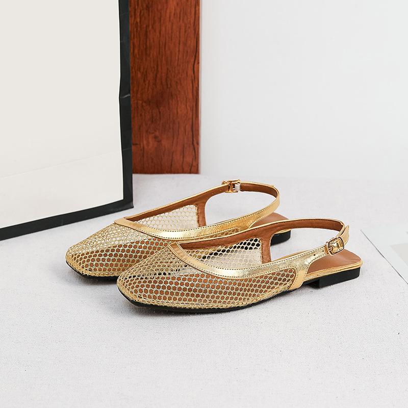 Mesh Slingback Flats for Women Summer Square Closed Toe Flats Slingback Sandals Women's Dress Shoes Adjustable Buckle Sandals Slip On Fishnet Mules
