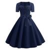 Women's Color Square Neck Short Sleeve Cinched Waist Full Skirt Vintage Dress