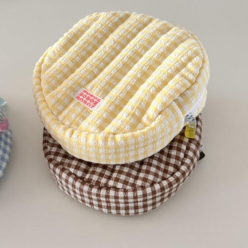 

Round Ins Cosmetic Bag Korean Style Cotton Coin Purse Cute Plaid Toiletry Organizer Girls рожевий
