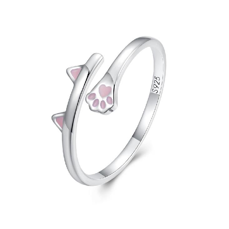 WOSTU Solid Pure 925 Sterling Silver Cute Cat Finger Ring for Women Girl Band Rings Party Jewelry Gift For Girlfriend CQR341