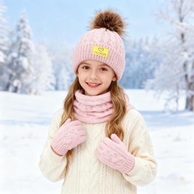 3Pcs/Set Kids Winter Hat Scarf Gloves Set Plush Ball Decor Twist Texture Brimless Hat Knitting Gloves Fleece Lining Neck Gaiter Set