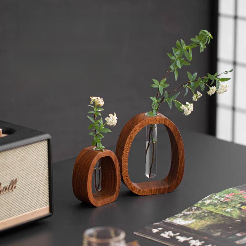 Nussbaumholz Chinesischer Stil Massivholz Blumenvase Schreibtisch Glas Mini Hydroponischer Blumenhalter Luxus-inspiriert Elegant Dekorativ