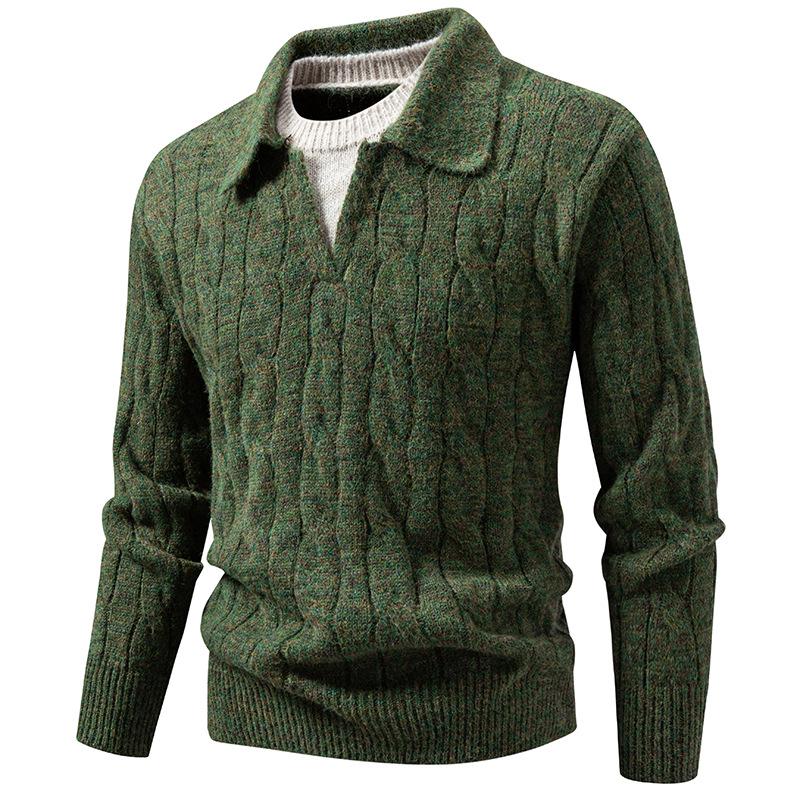 

Cross2025 Men s Autumn/Winter Cable Knit Polo Sweater: Trendy European Twist with Lapel and Long Sleeves 2XL зелёный