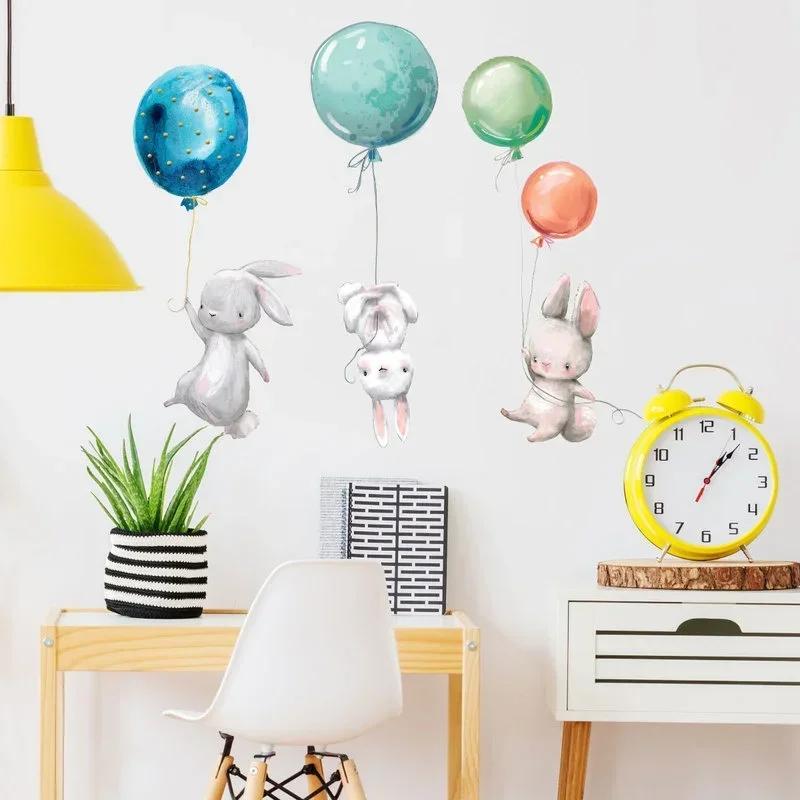 Wall Decor Colorful Balloon Rabbits Bedroom Wall Stickers Kids Room Grey Bunny Wall Stickers for Children Nursery Decal Decor