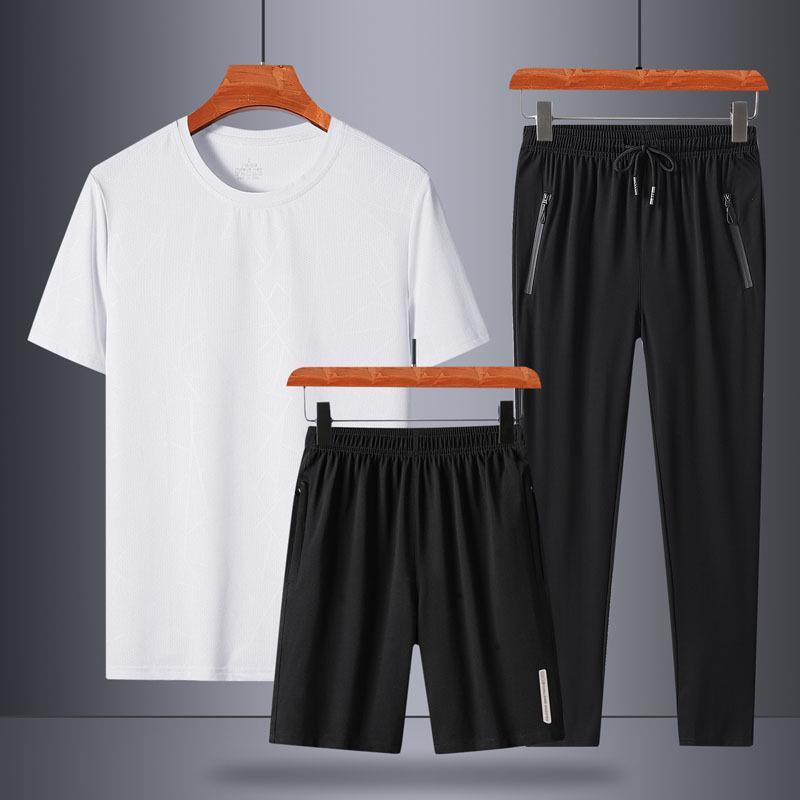 2024 Men's Ice Silk Summer Set: Short-Sleeve T-Shirt, Dad Style, Three-Piece for Middle-Aged and Elderly