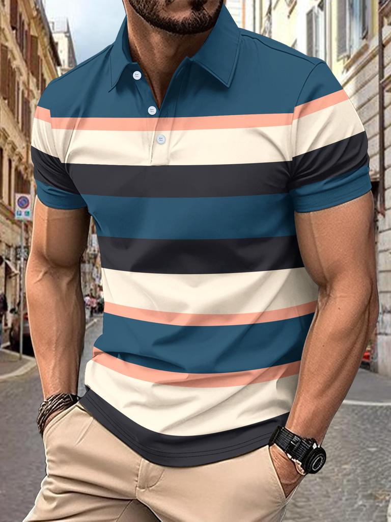 New Cross-border Men's Casual POLO Shirt V-neck Button Business Striped Versatile T-shirt Top