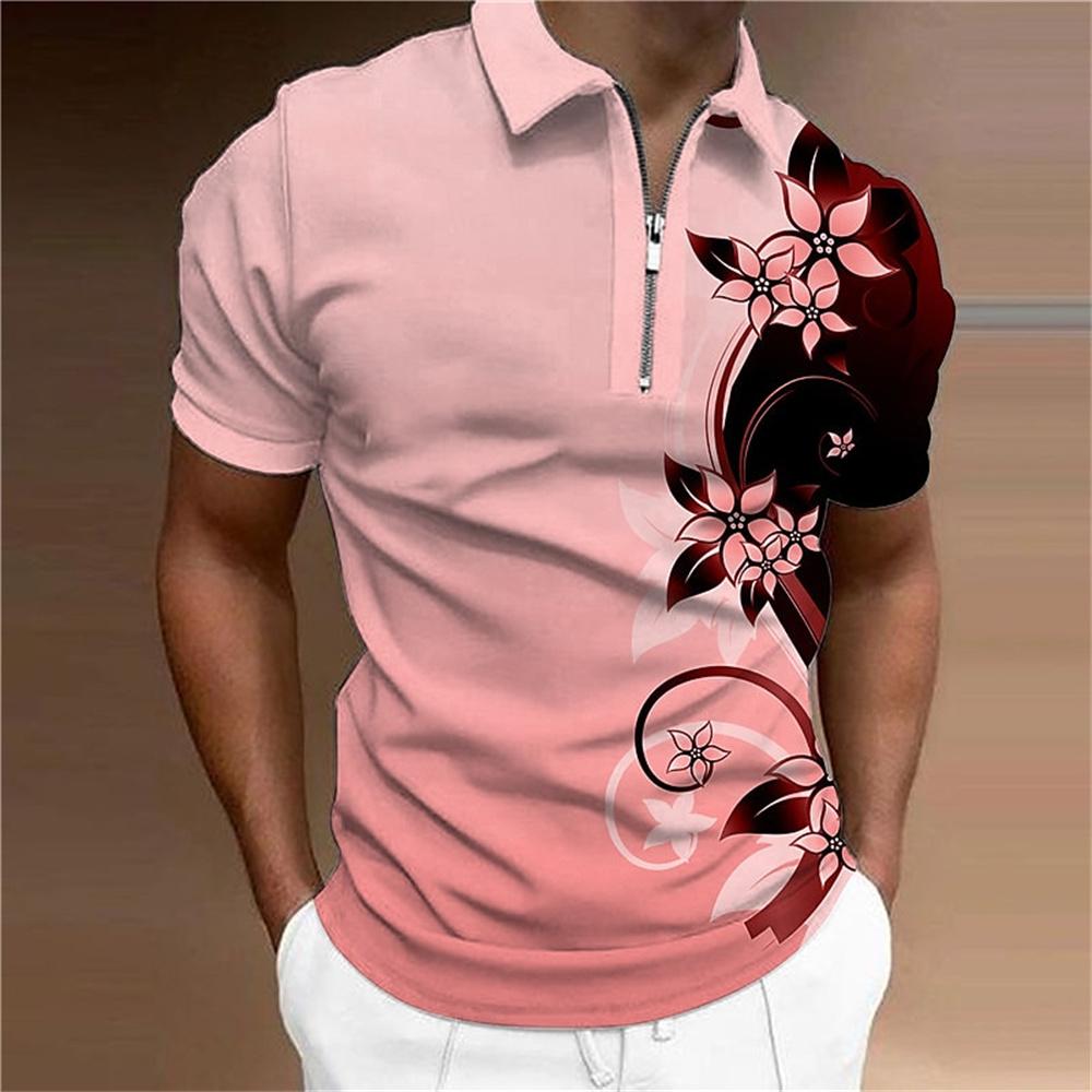 Fashion Zipper Polo Shirt For Men Floral Printed Daily Casual Short Sleeved Loose Oversized Shirt High Quality Men'S Clothing