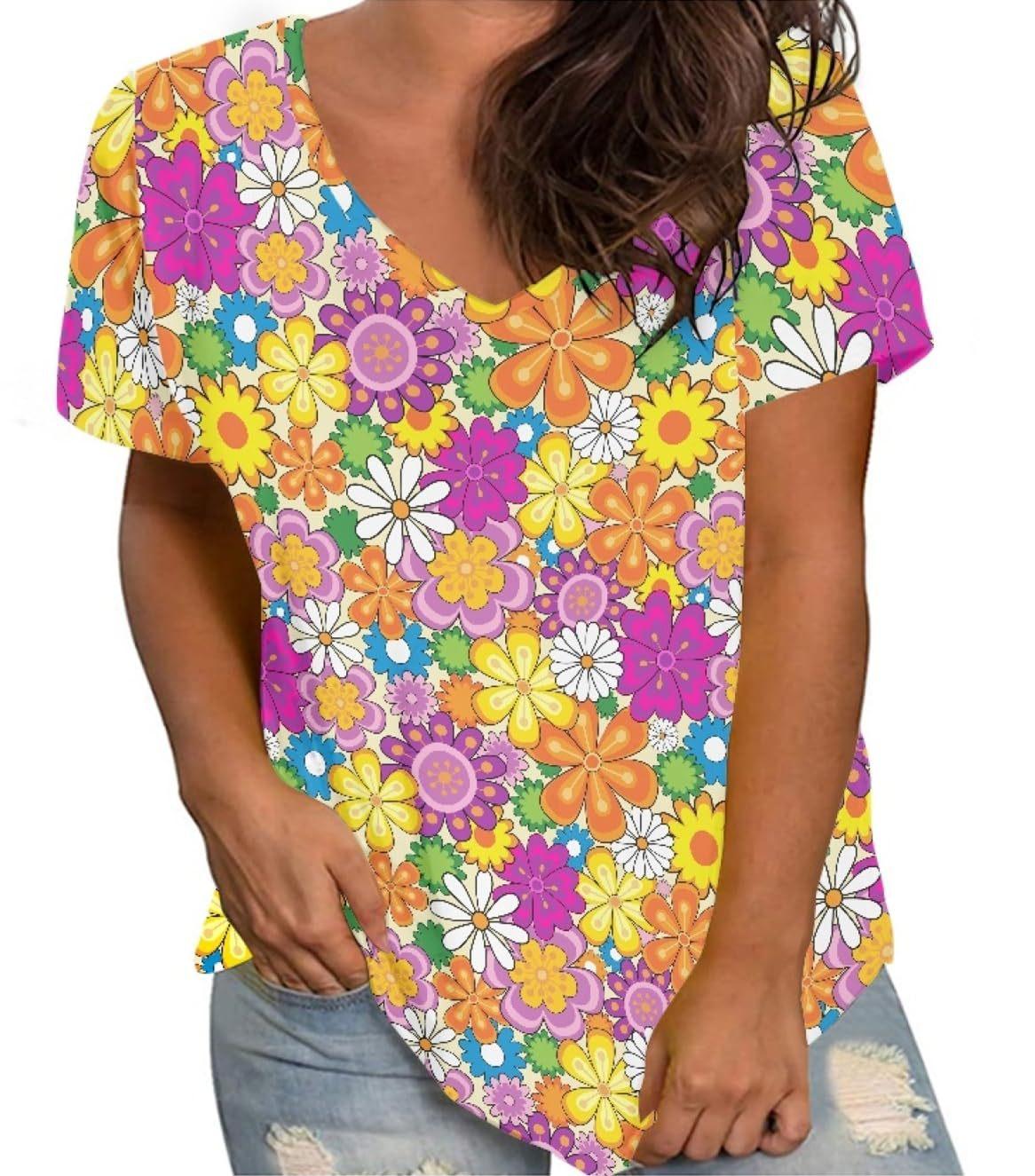 

Летний топ с V-образным вырезом, 3D цветочным и бабочным принтом, модная повседневная женская футболка с коротким рукавом S