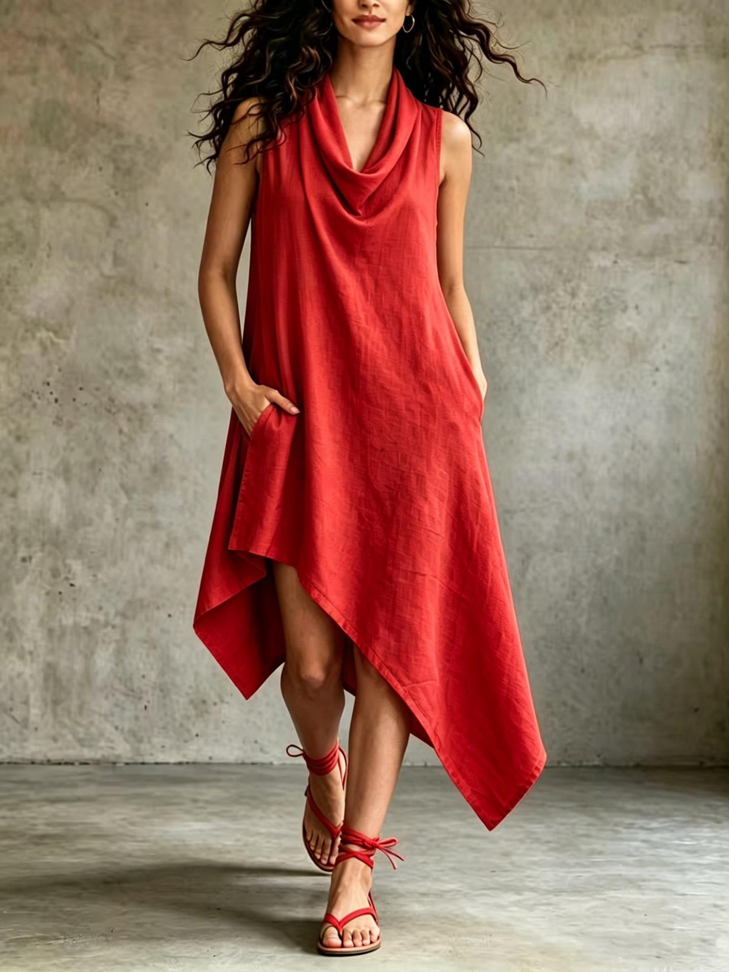 Women Solid Color Draped Neck Sleeveless Dress Casual Pocket Asymmetric Hem Linen Blend Summer Dress S красный