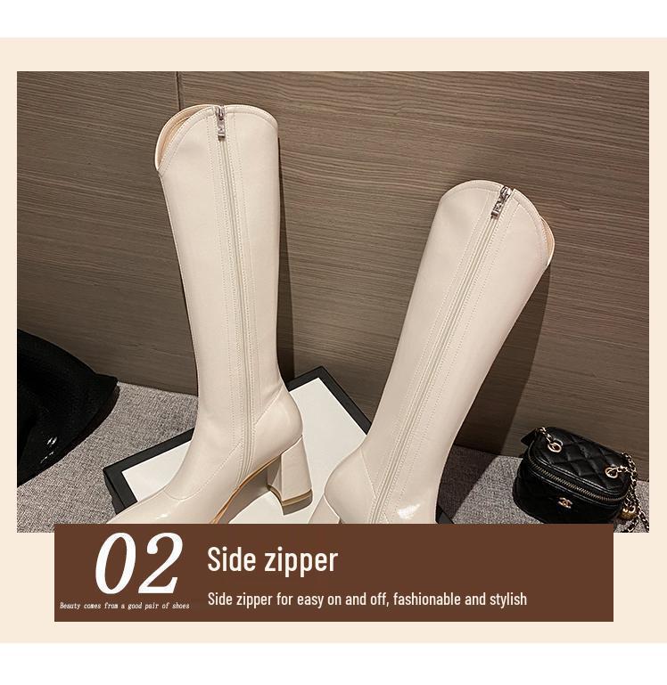 Women's White Non-Slip High-Top V-Cut Knight Boots - Pointed Toe, High Heel, Autumn/Winter 2025