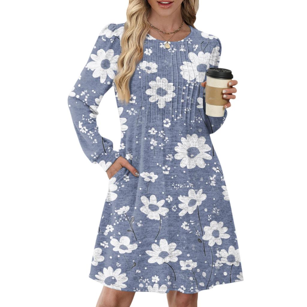 Women's Long Sleeve Pleated Round Neck Floral Print Casual Dress With Pockets