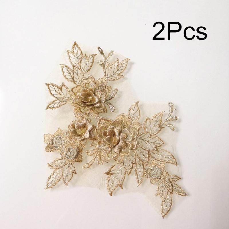 2Pcs Flower Embroidered Trim Lace Applique Fabric Craft Sewing Motif Dress Decoration Wedding Bridal DIY Patches Hollowed Out