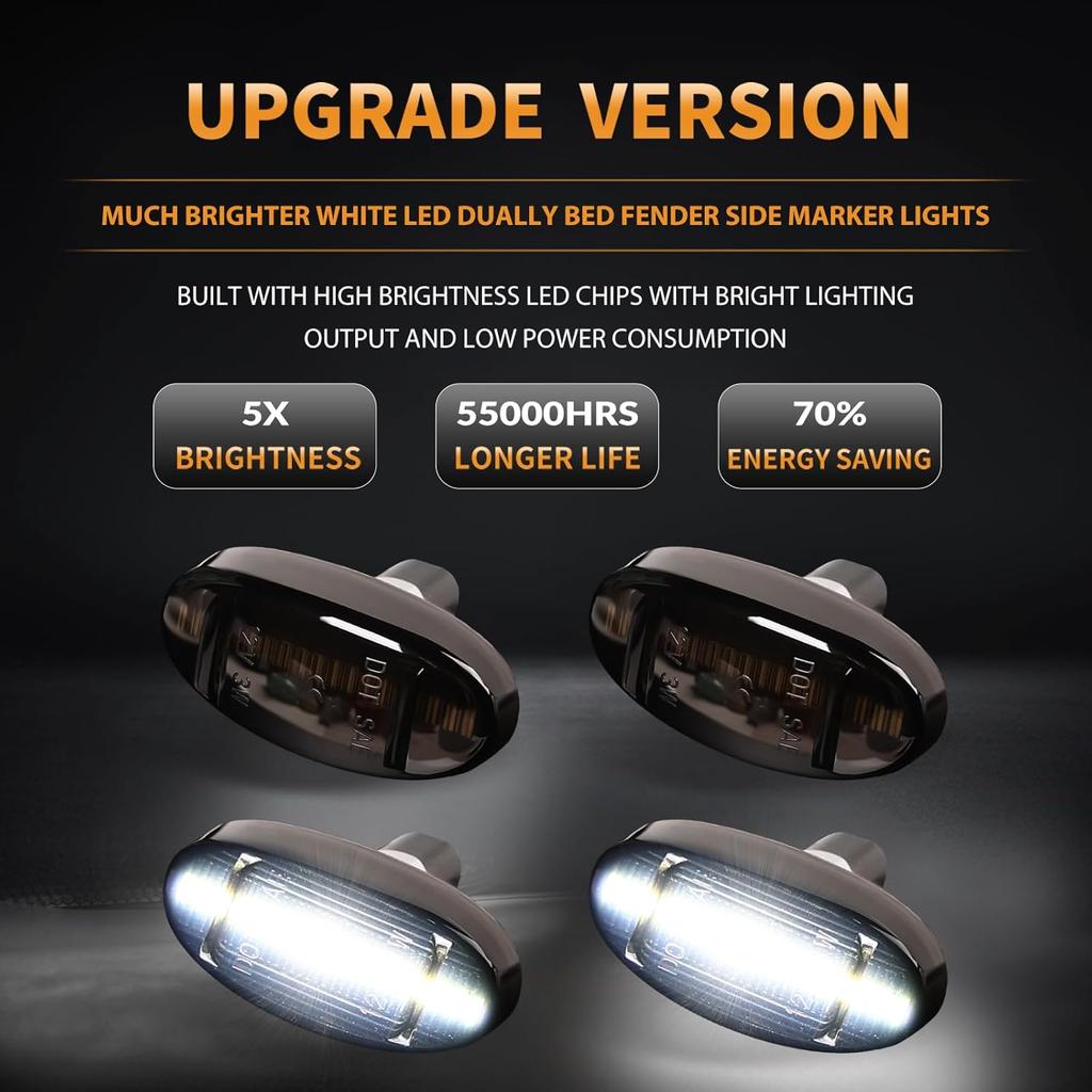 LED Dually Bed Fender Side Marker Lights For 2011- Ford F250 F350 F450 F550 Super Duty Trucks Smoked Len (White Led)