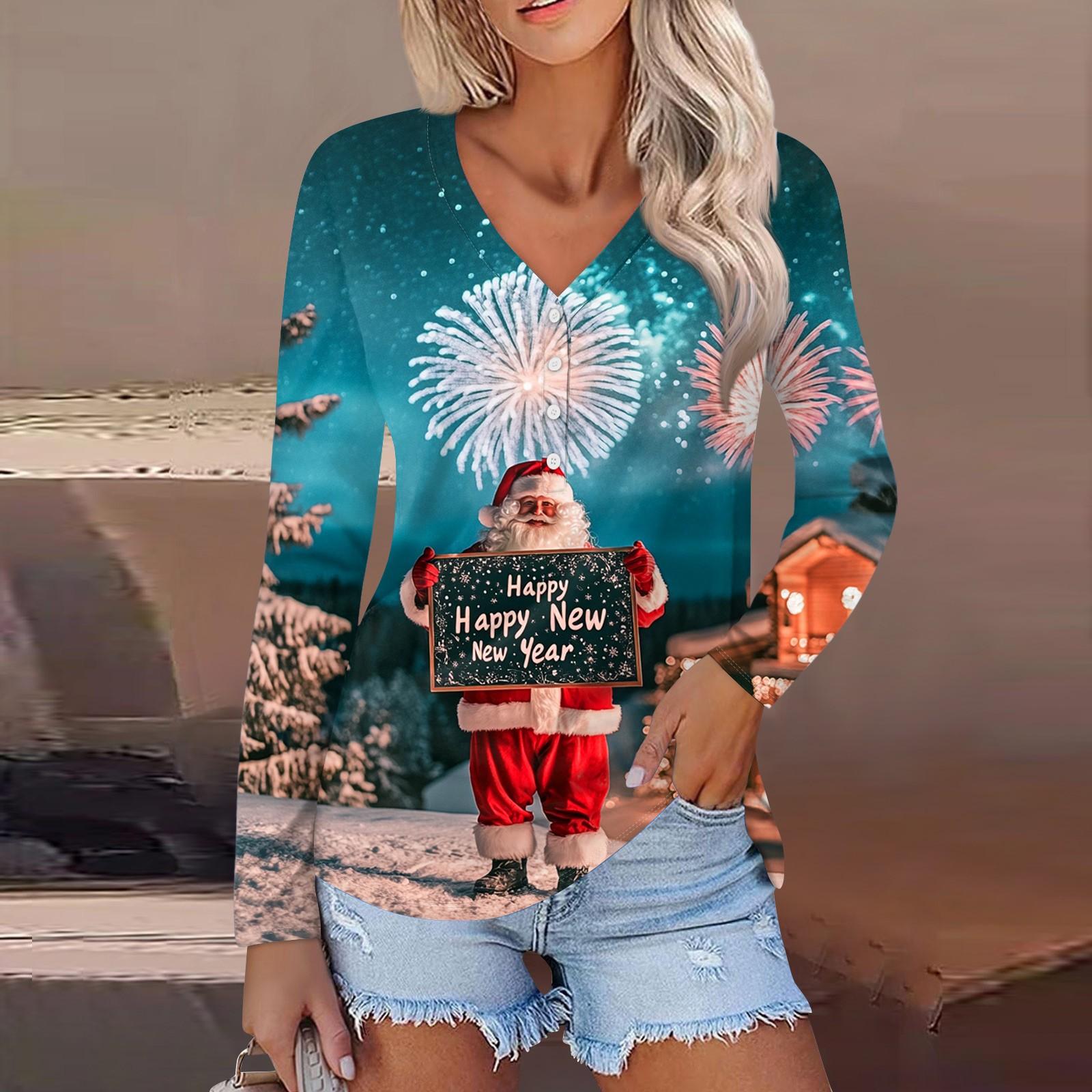 

Женская повседневная мода сексуальный комфорт рождественский принт V-образный вырез пуговицы длинный рукав XL винный