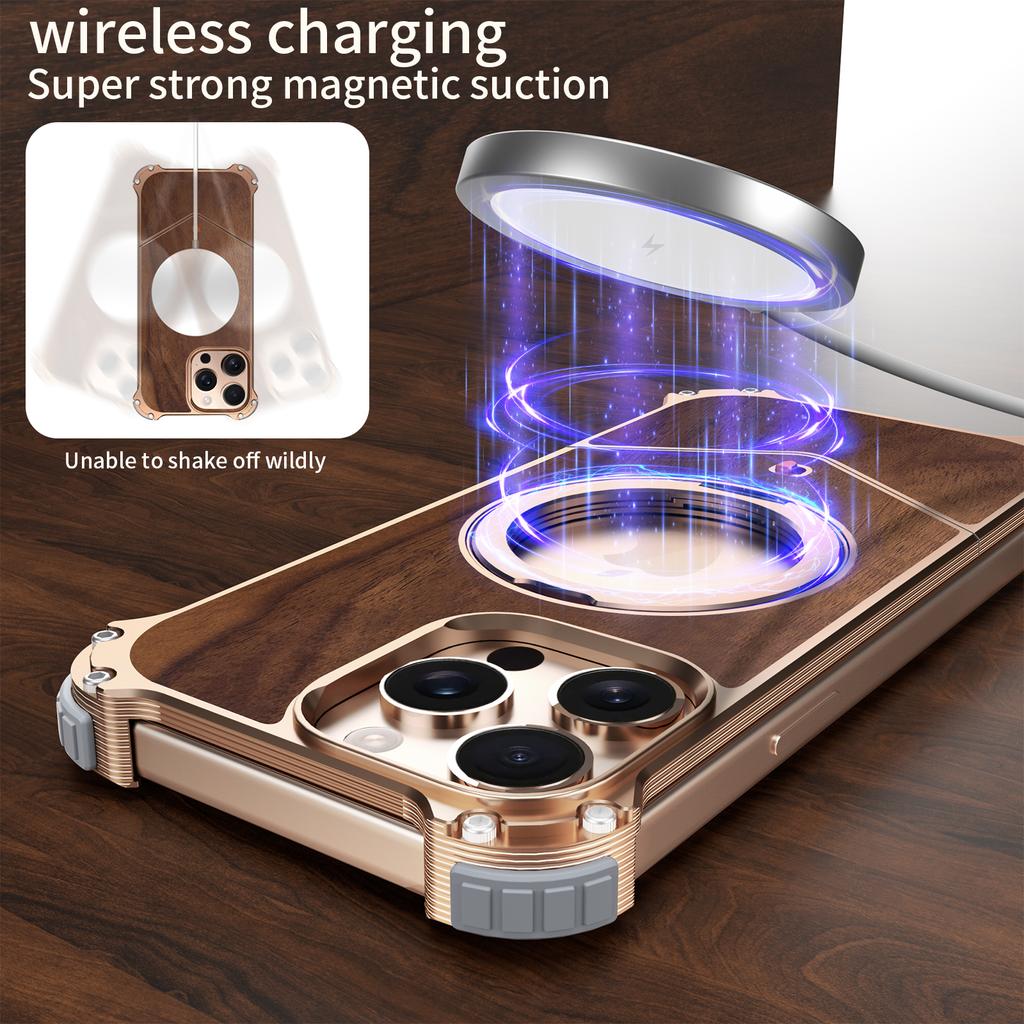 For iPhone 13 Pro Max Case Wood Covered Metal Boardless Phone Back Cover with Kickstand