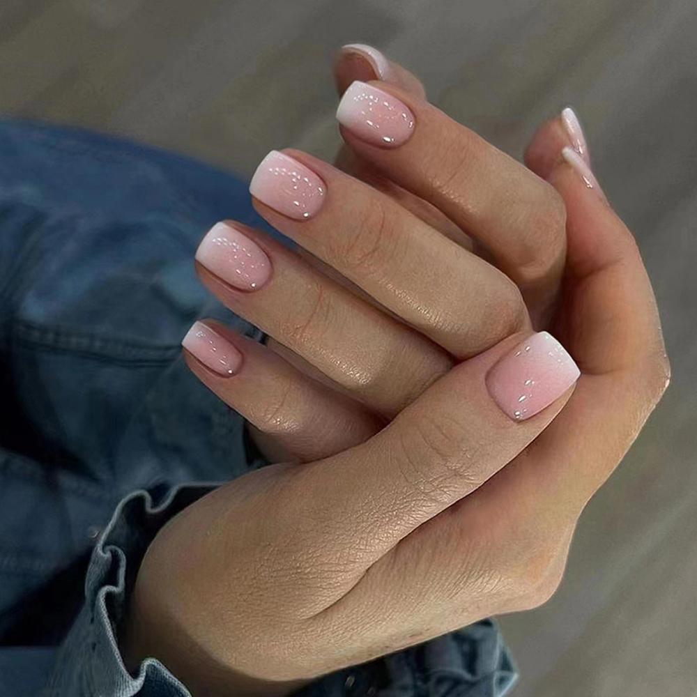 24 Stück/Box Rosa Weißer Farbverlauf Falsche Nägel Mittellange Französische Nagelspitzen Tragbares DIY Maniküre-Werkzeug Vollabdeckung Press-on Nägel