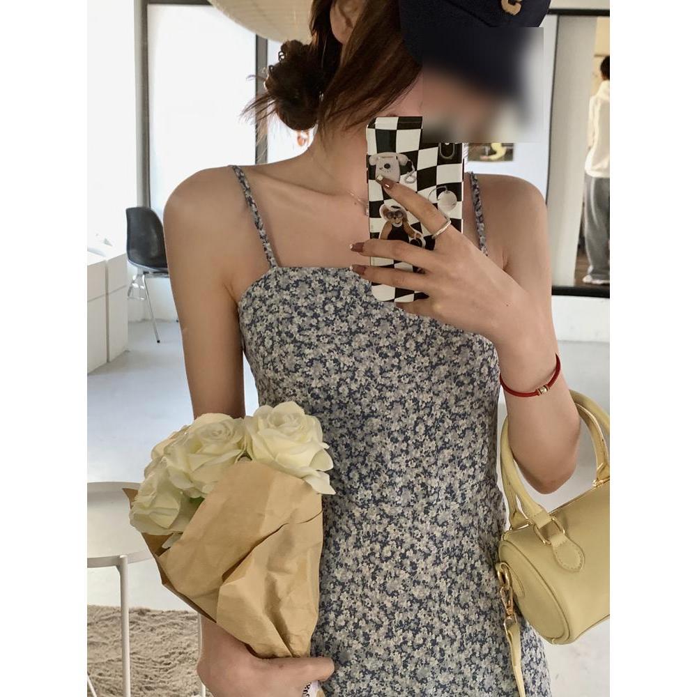 Sweet and Spicy Floral Suspender Dress for Women's Summer Waist Medium and Long Temperament Seaside Vacation Skirt Suspender