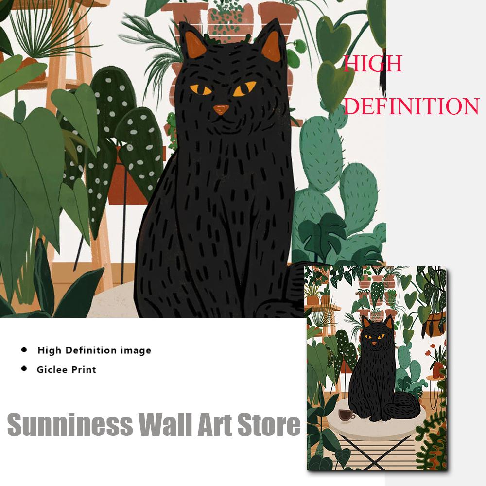 Cat With House Plants Botanical Monstera Wall Art Canvas Painting Nordic Posters And Prints Wall Pictures For Living Room Decor