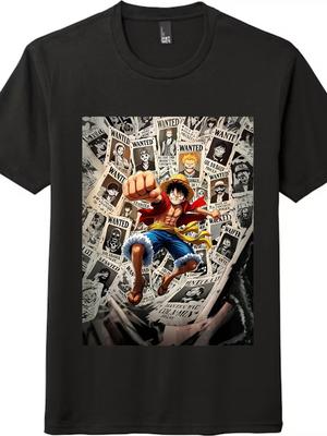 'One Piece'' Luffy Kopfgeldplakat Bedrucktes Kurzarm-T-Shirt|Trendiges Anime Casual Oberteil