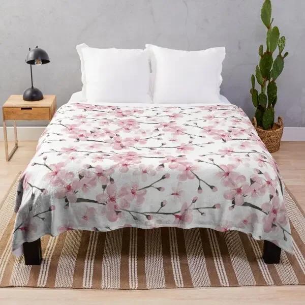 White Pink Cherry Blossom Flannel Throw Blanket Romantic Flowers King Queen Full Size For Living Room Sofa Couch Lightweight
