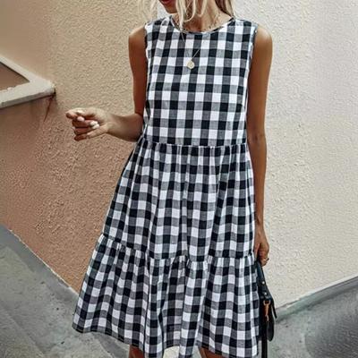 Summer Casual Pocket Plaid Sleeveless Patchwork Maxi Loose Vest Dress Fashion Dress