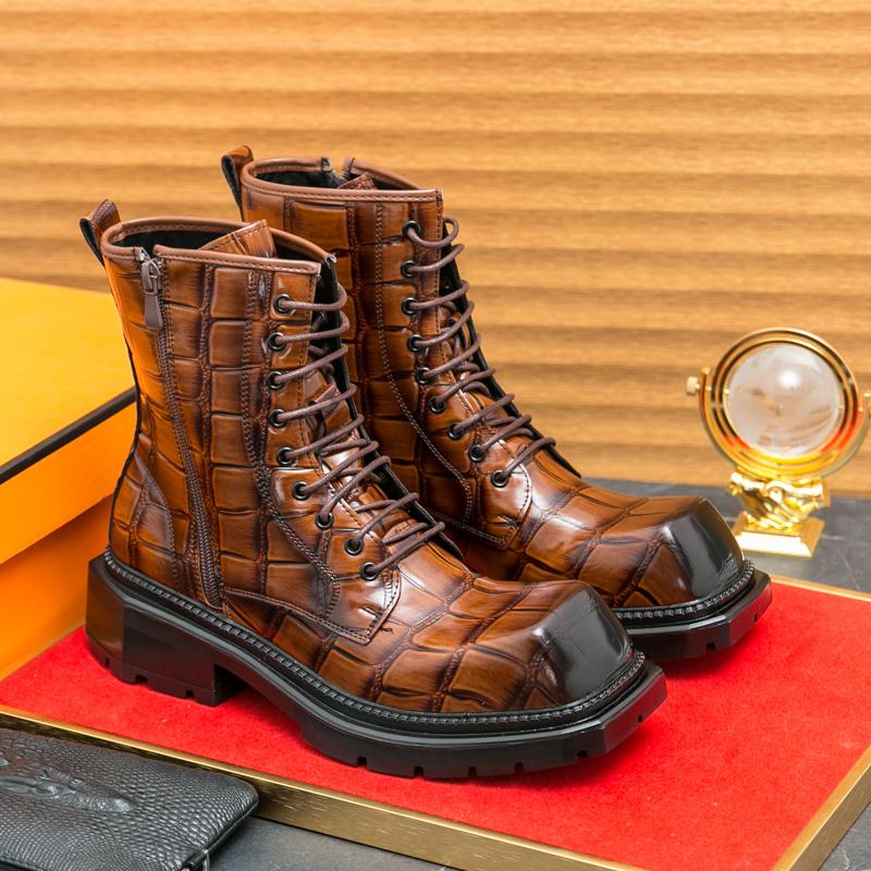 

Новые мужские уличные ботинки с квадратным носком и толстой подошвой, лакированные кожаные ботильоны, повседневные короткие ботинки, мотоциклетные ботинки, ковбойские ботинки 45 коричневый