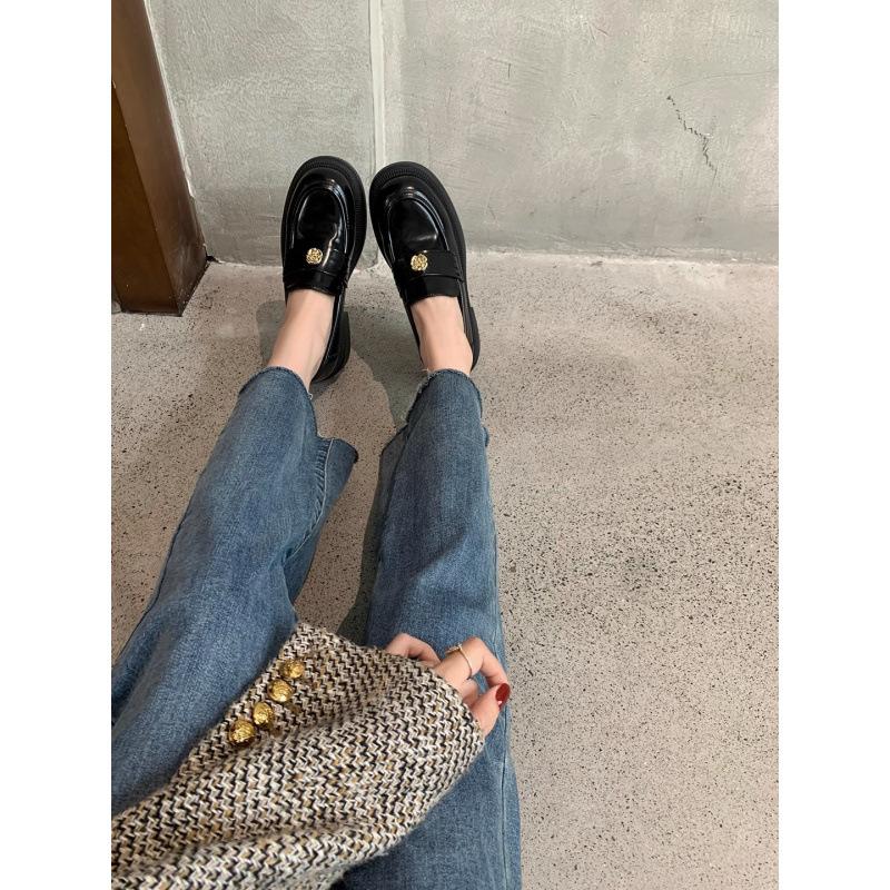 Shoes Small Gold Coin Buckle Thick Heel Thick Sole Lazy Women's Single Shoes Small Leather Shoes