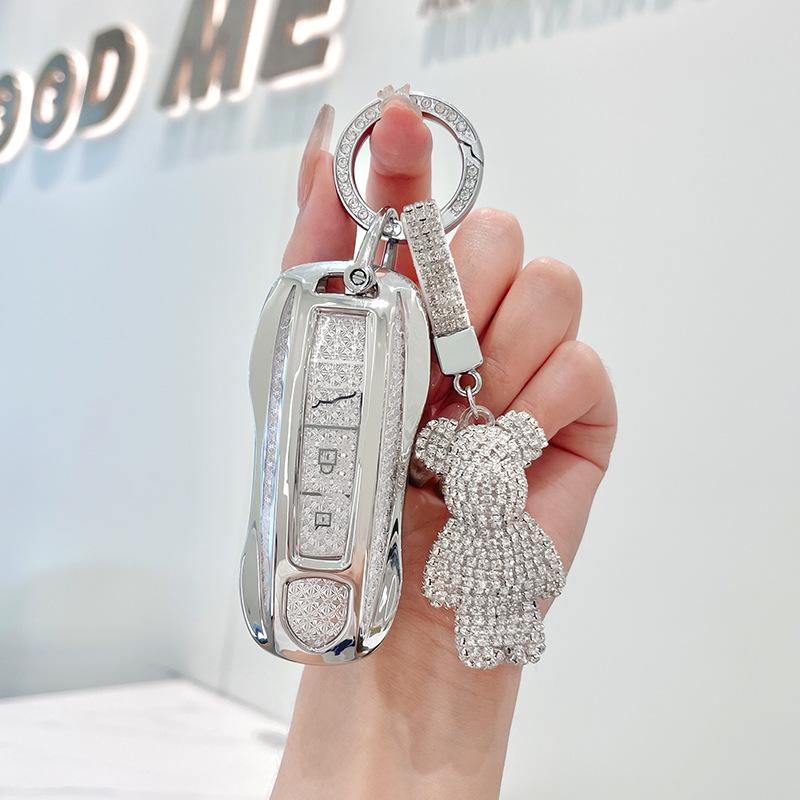 Premium Soft TPU Pink Silver Car Key Case Cover Accessories for Porsche Macan 718 Cayenne Paramela 911 Key Rings Keychain Bag