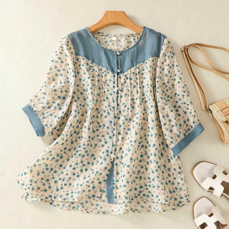 Retro Printed Cotton Linen Shirt Women's Contrasting Color Round Neck Shirt Temperament Thin Short Sleeved Top Summer Shirt