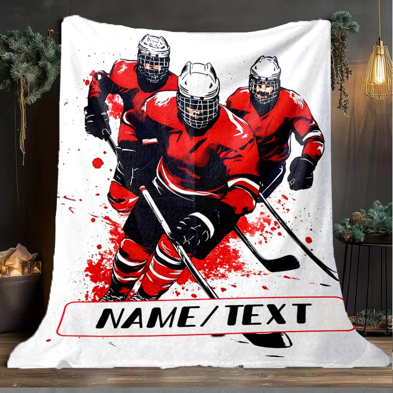 1PC Custom Name Hockey Players Action outdooor Flannel blankets Throw Blanket All-Season Throw Gift Bedspread for Couch, Bed, Camping Holiday Birthda