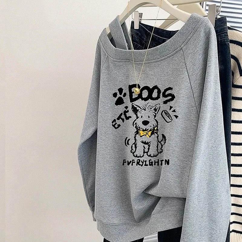 Sweatshirt for Women Cotton Oversize American-Style Off-Shoulder Loose Casual Pullover Long Sleeve Top Sweatshirt