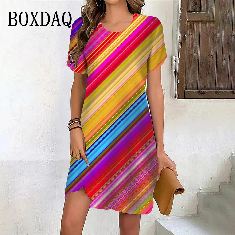 

Новые летние модные платья с коротким рукавом в полоску радуги и градиентом для женщин 2024 года, повседневные свободные платья с круглым вырезом и принтом для вечеринок больших размеров 6XL