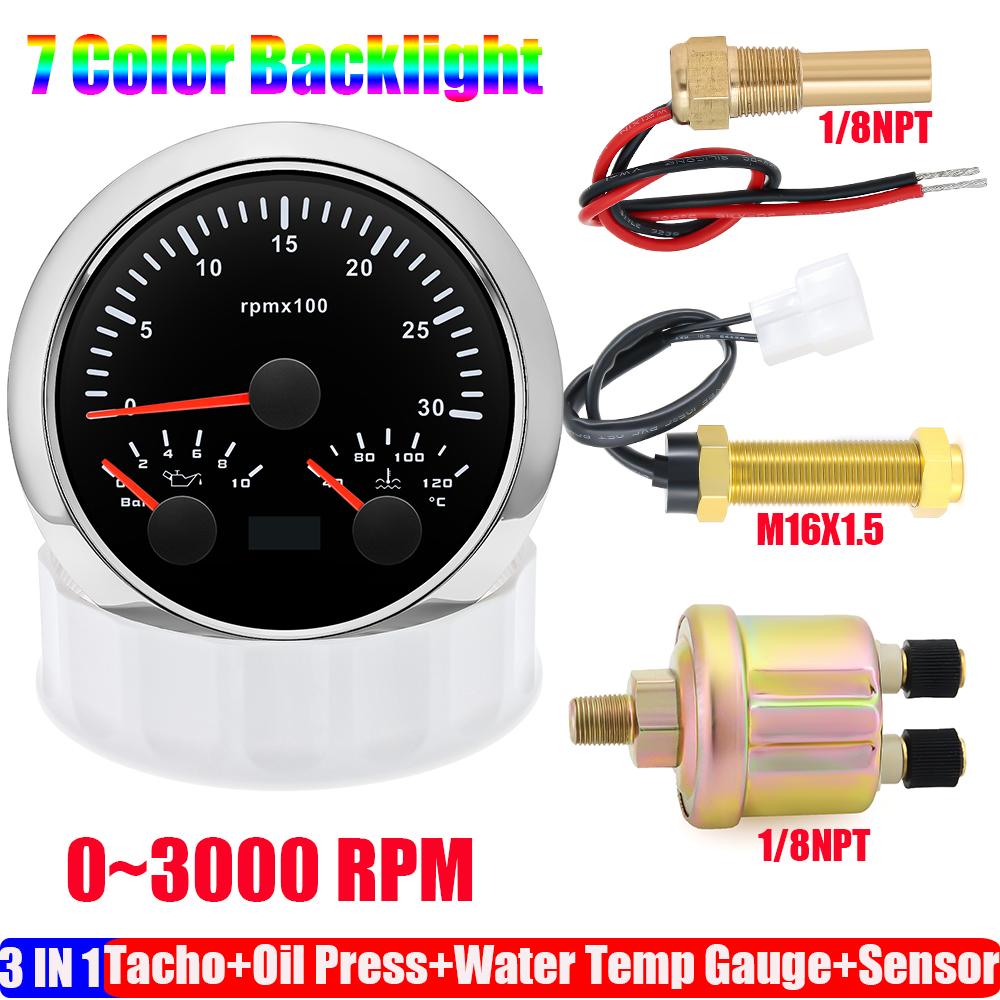 ZMFJH 3000~8000RPM 85MM Tachometer+Oil Pressure+Water Temp Gauge with Sensor 7 Color Light MultiMeter 0~10Bar for Car Boat 9-32V