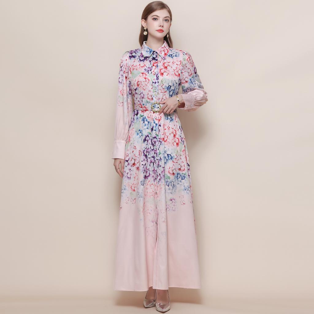 Vintage Style Color-Blocked Floral Print Turn Down Collar Shirt Dress for Women Spring 2026 Fashion Tie-Waist Single-Button Long Maxi Dress