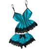 Women V-Neck Eyelash Lace Sexy Stain Camisole Pajamas Bowknot Shorts Set