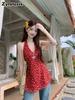 Sweet & Spicy Red Floral V-Neck Vest Dress Summer New Style Waist Slimming Layered A-Line Short Skirt Women