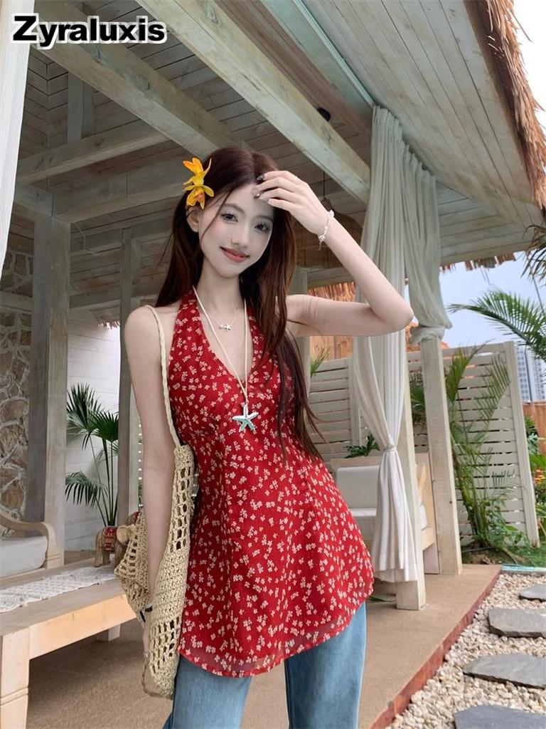 Sweet & Spicy Red Floral V-Neck Vest Dress Summer New Style Waist Slimming Layered A-Line Short Skirt Women